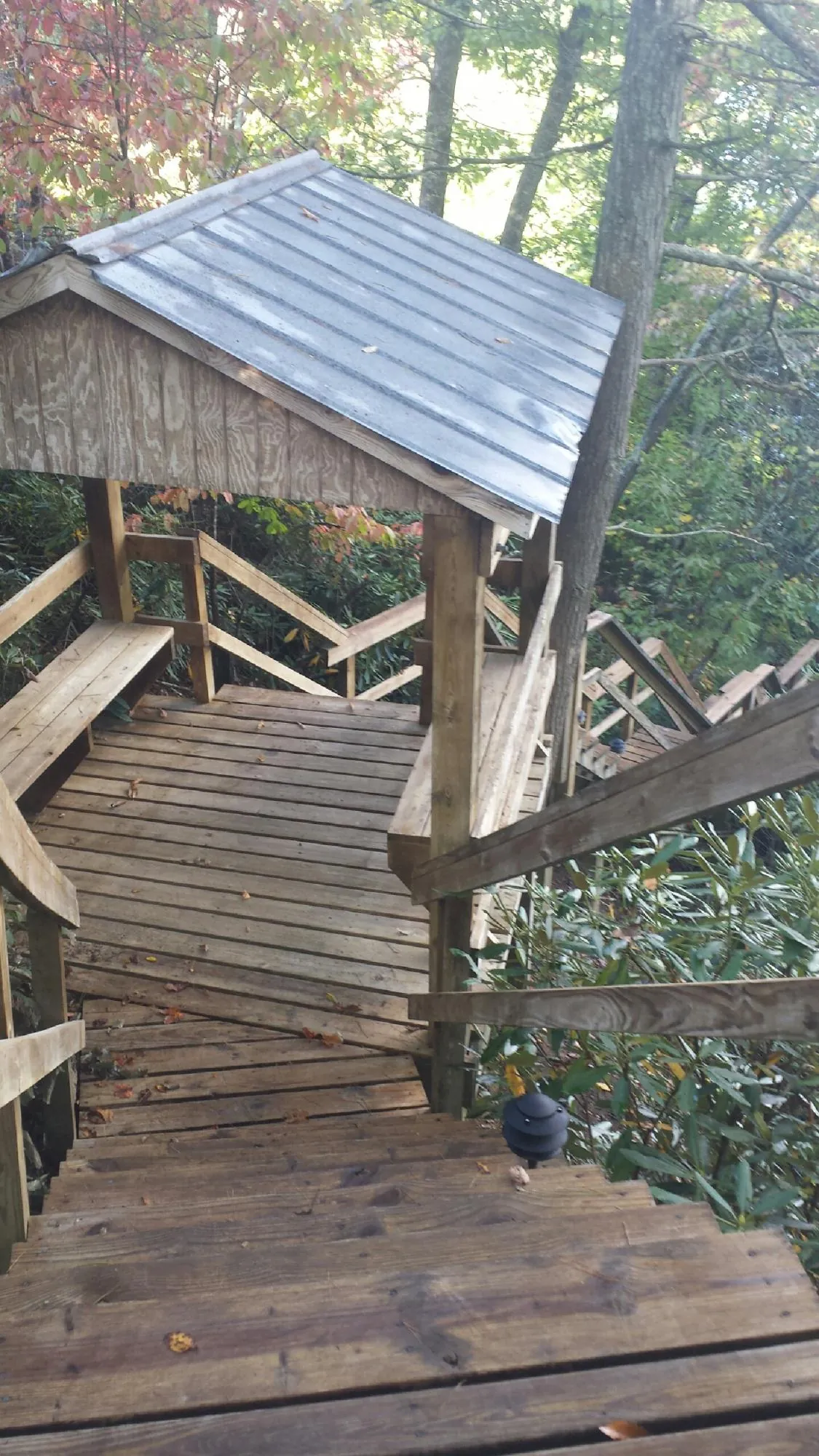 Metal roofed shelter over wooden steps on a wooded walkway — Skylight Repair & Installation work by our crew in Willow Grove